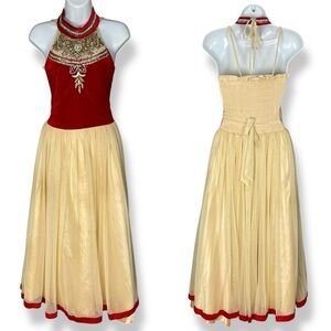 Beaded Dress Velvet Girls Maxi‎ Red Cream Halter Tank Dance Detailed FLAWS